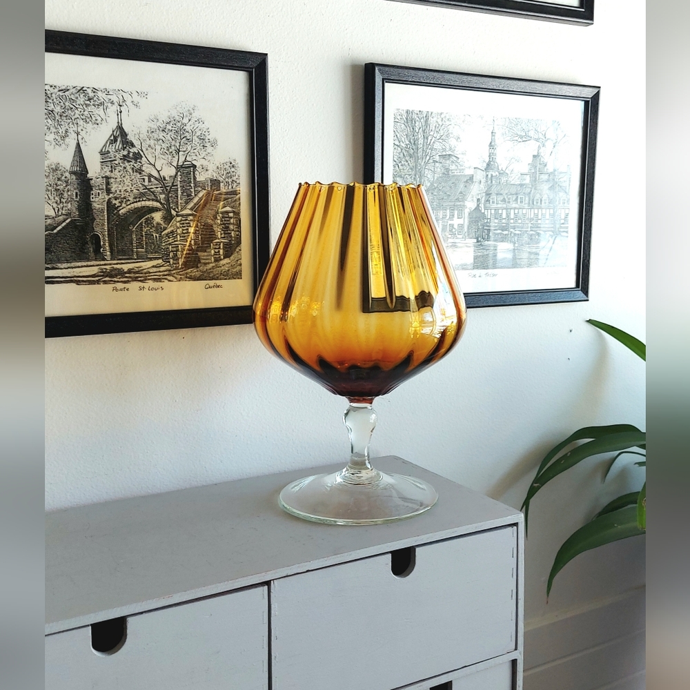 Large Empoli art glass, Italian glass in amber yellow color